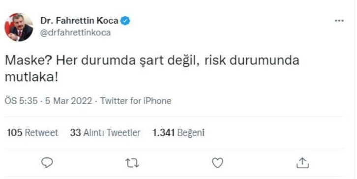 Bakan Koca: Maske risk durumunda şart