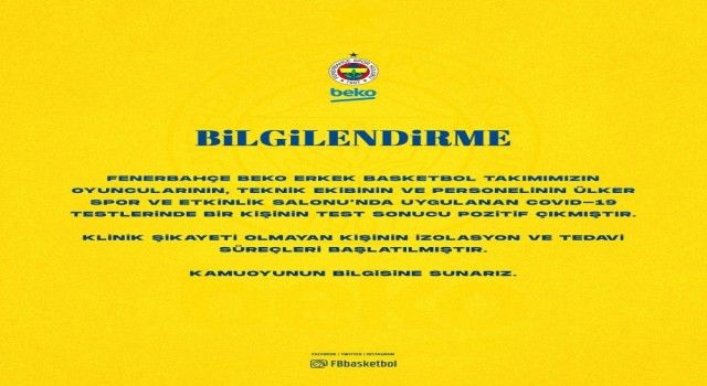 Fenerbahçe Erkek Basketbol Takımı'nda 1 kişinin testi pozitif çıktı