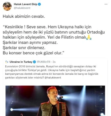 Haluk Levent'ten Ukrayna'nın konser davetine 'yeri Filistin olsun' yanıtı