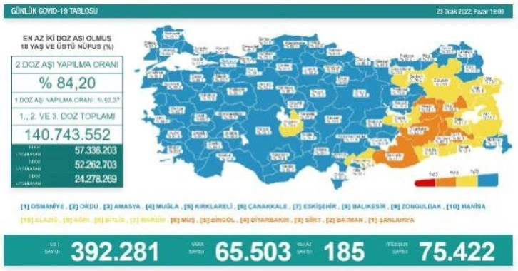 Koronavirüs salgınında günlük vaka sayısı 65 bin 503 oldu