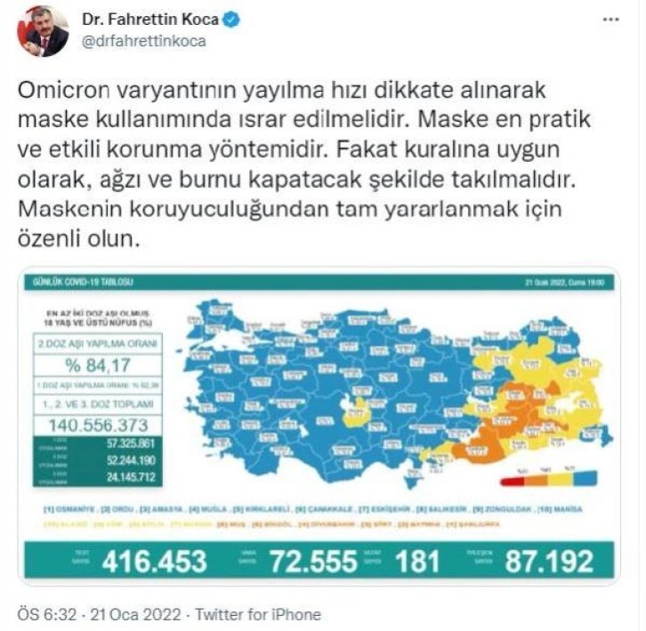 Koronavirüs salgınında günlük vaka sayısı 72 bin 555 oldu