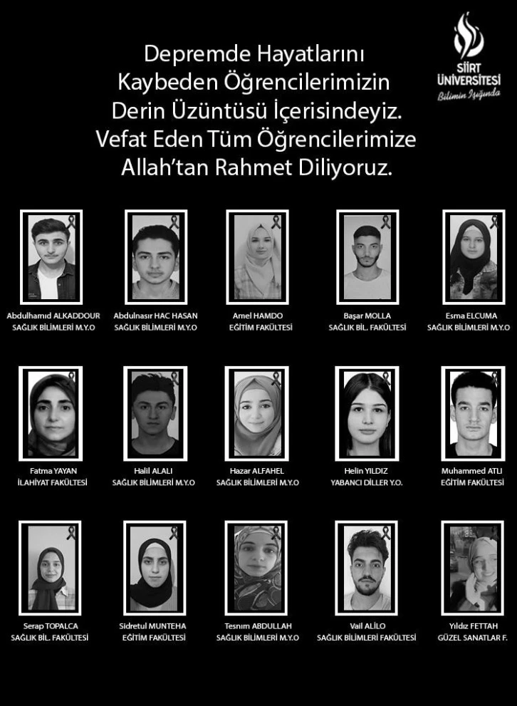 SİÜ'de okuyan 15 öğrenci depremde hayatını kaybetti