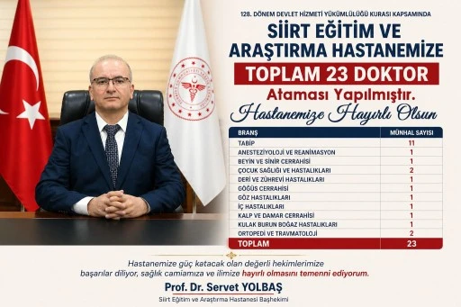 Siirt'e 23&nbsp;Uzman Hekim Atandı