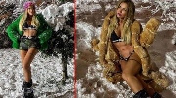 Ünlü model Berna Arıcı iç çamaşırıyla karda poz verdi